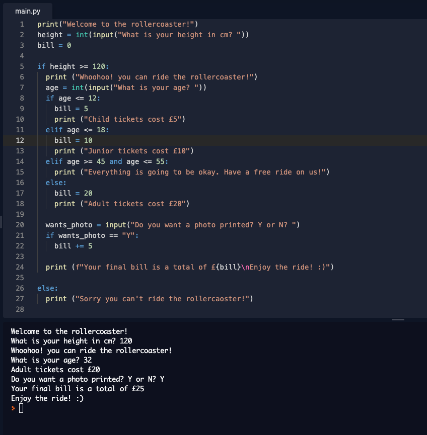 EbrahimAli's tweet photo. Day 3/100 - #100DaysOfPython Challenge!

3.3 - using nested if statements and elif statements, I created a ticketing flow chart system. 
@yu_angela  @replit  @LondonAppBrewer 
 #100DaysOfCode #100daysofcodechallenge #python #CodeNewbie https://t.co/jogRuGTSHQ