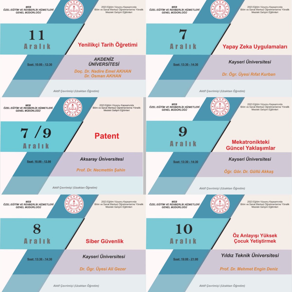 BİLSEM'lerde görev yapan öğretmenlerimize yönelik eğitimlere devam..👍
Bu hafta;
✔Siber Güvenlik
✔Öz Anlayışı Yüksek Çocuk Yetiştirmek
✔Patent
✔Yapay Zeka Uygulamaları
✔Mekatronikte Güncel Yaklaşımlar
✔Yenilikçi Tarih Öğretimi konularında eğitim verilecektir..
<a href="/mehmetnezirg/">mehmet nezir gül</a>