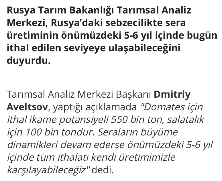 AliCaatay's tweet photo. Türkiye’deki sebze üreticilerine kötü bir haberimiz var: Rusya inşa etmeye başladığı dev seralar sayesinde 5-6 yıl içinde sebze ithalatını sıfır düzeyine indirerek sonlandırmayı planlıyor. Domates, biber, salatalık, patlıcan vb. üreticilerimiz yeni pazar arayışına başlamalı.⬇️ https://t.co/qegXdz5nYJ