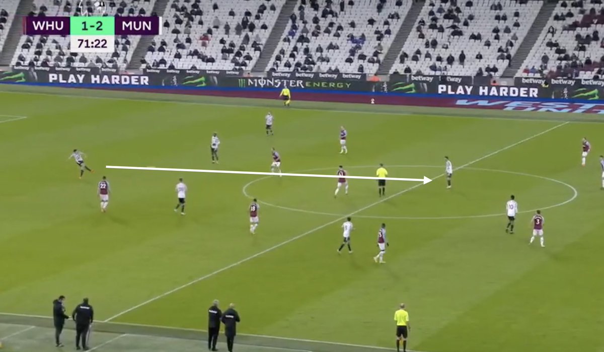 11. Quick Bypass. This all came from the back — Maguire’s excellent line breaking pass. Five WHU players were now bypassed. Great summary of the second half tempo: directness. Look at Rashford and how he runs into the middle to receive Bruno’s through pass.