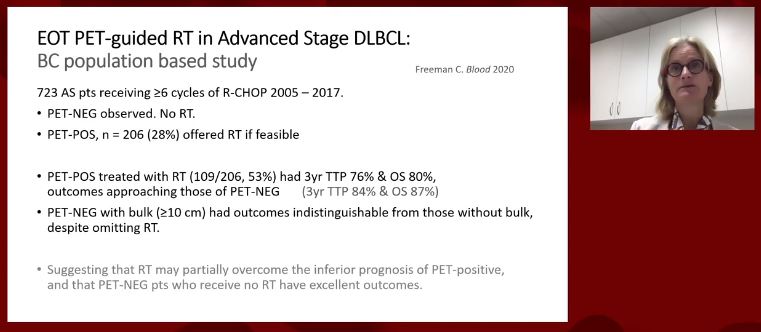 If end-of-treatment PET is positive, treating with RT results in similar outcomes to those with negative EOT-PET. 33% of EOT-PET+ patients will not progress! PMBCL is a different beast: EOT PET is often positive and does not mean poor prognosis.  #lymsm  #ASH204/
