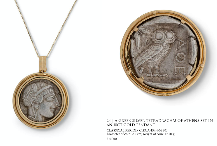 Here's an example: a Greek silver tetradrachm of Athens set in a gold pendant.Current charity auction:  https://auctions.roseberys.co.uk/m/lot-details/index/catalog/540/lot/166749?url=%2Fm%2Fview-auctions%2Fcatalog%2Fid%2F540; starting bid = £3,000Previous attempted sale in 2020  https://kallosgallery.com/usr/library/documents/main/kallos-gallery-mikros.pdf; £4,000