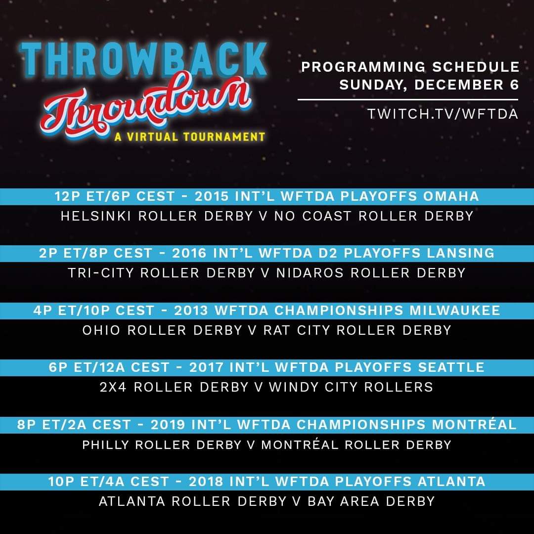 This is your 10 minute warning! 

Day 3 is almost underway! 

And Helsinki Roller Derby are up first! Join them in the chat as they throw a watch party and enjoy Finland's Independence Day 🇫🇮 

#throwbackthrowdown
#euroderby