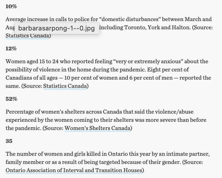 as reported by  @BKennedyStar, on the anniversary of the Polytechnique massacre, the stats on violence experience by women — especially in a year where lockdowns and restrictions causes more isolation. https://www.thestar.com/news/gta/2020/12/06/we-havent-come-very-far-ywca-toronto-and-womens-shelters-call-on-government-to-address-root-causes-of-violence-against-women-on-polytechnique-massacre-anniversary.html