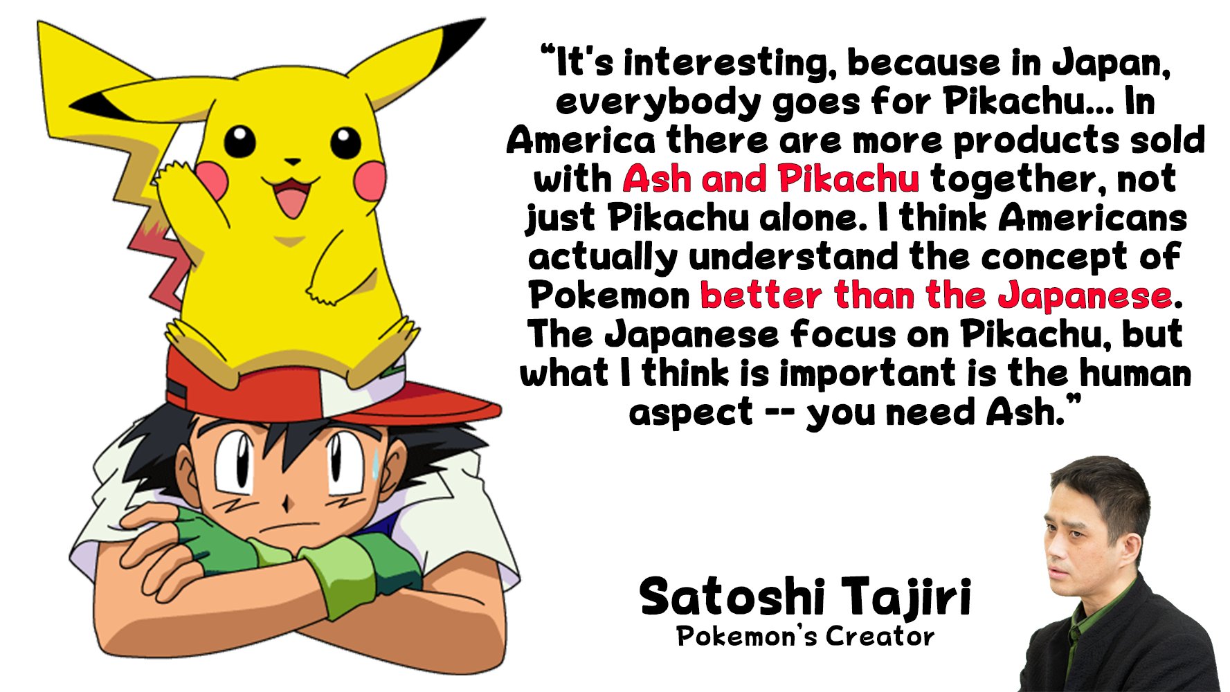 تويتر Dr Lava S Lost Pokemon على تويتر Americans Get It In 1999 Pokemon S Creator Said Japanese Fans Mostly Just Buy Pikachu Merch But Americans Buy Pikachu And Ash Together So In