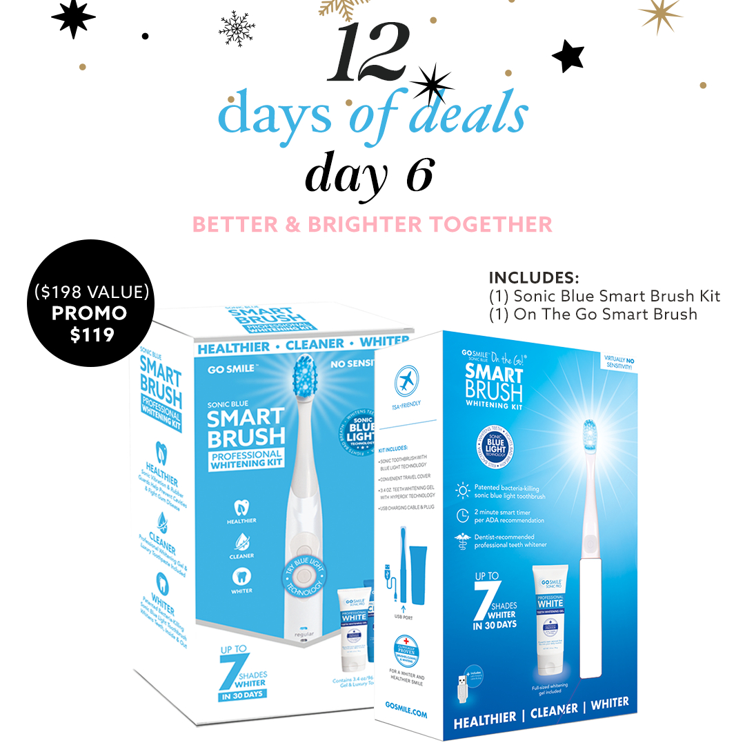 GoSmile's tweet image. Day 6 of our 12 Days of Deals with exclusive Holiday Kits. Get brighter whiter teeth, together. The perfect pairing for you and your loved one.👯