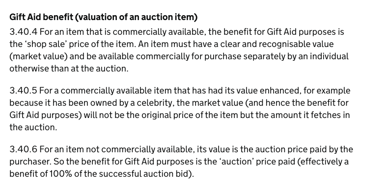 (at least, according to my reading of the rule for valuing donations of unique items like antiquities to charity auctions in the UK, in section 3.40.6 here:  https://www.gov.uk/government/publications/charities-detailed-guidance-notes/chapter-3-gift-aid#chapter-311-gift-aid-for-companies