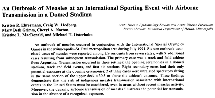 Adding to this measles thread:This is Ehresman 1994.  https://pubmed.ncbi.nlm.nih.gov/7876616/ 12 year old boy with measles led to 25 more cases over 3 generations.He was thought to have directly infected 5 at track and field event, 8 at opening ceremonies and 3 first aid volunteers.