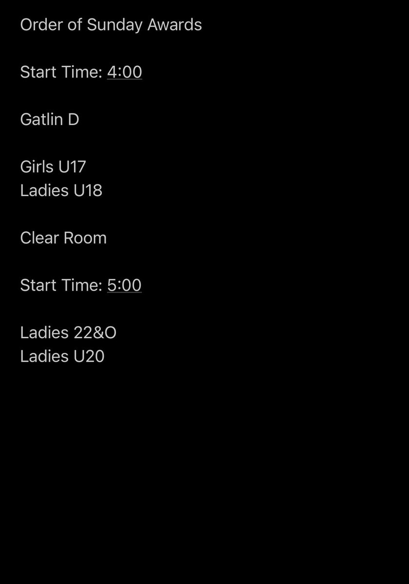 Order of Sunday Awards. Start Time 4:00pm. Please refer to the schedule and times.