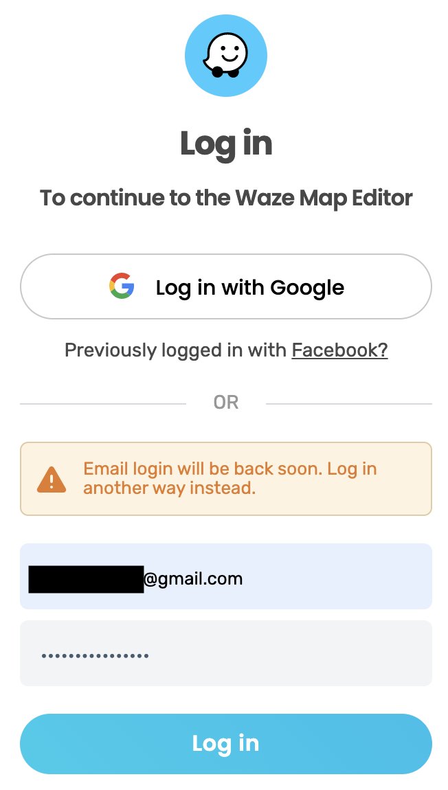 Still in 1Password, find the Waze entry. Display the password onscreen. On your Mac, go back to Waze's online map editor. Log in. Type your email and the password manually from looking at your phone.Get an error. 'Email login will be back soon. Log in another way instead.'