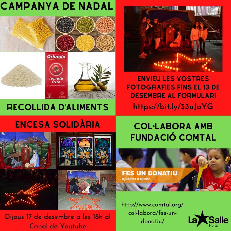 SalleHorta's tweet photo. De nou arriba una nova campanya de Nadal.
Enguany hi ha algun canvi però seguim col·laborant amb les entitats de sempre. Fa uns dies vau rebre una circular i ara us en fem un breu resum.

🍶 La recollida d'aliments per a @caritasbcn del barri. Han de ser de llarga caducitat: https://t.co/kroW31ANCo