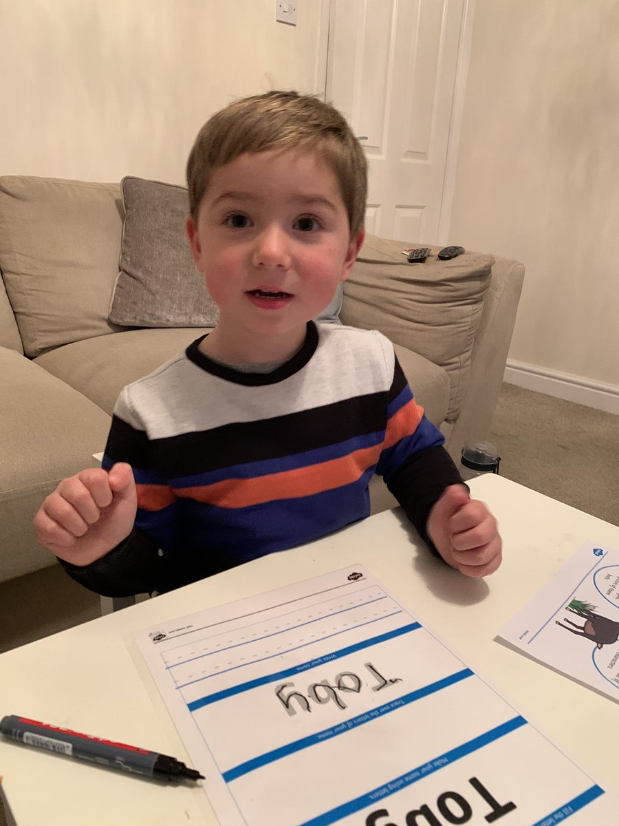 MartynLisaToby's tweet photo. Toby has been practising his name and getting to grips with holding the pen correctly! Excellent first effort @BaileyGreen2011 https://t.co/XPe1UIP1fQ