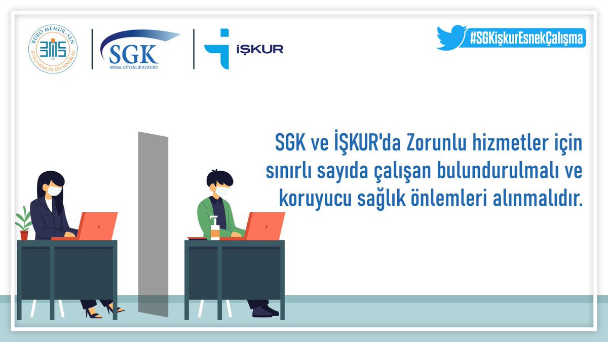 BuroMemurSen_'s tweet photo. #SGKişkurEsnekÇalışma

SGK ve İŞKUR'da Zorunlu Hizmetler için sınırlı sayıda çalışan bulundurulmalı ve koruyucu sağlık önlemleri alınmalıdır.

@ZehraZumrutS
@yusufyazgan37
@ailevecalisma
@sgksosyalmedya
@TurkiyeIsKurumu https://t.co/X8QBnoyTMS
