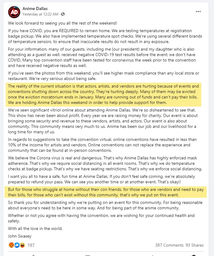 this is the statement that Anime Dallas made on their FB late Friday, an attempt to justify the existence of their event in the middle of a pandemic that has killed almost 300K Americans and almost 25K Texans. 1/