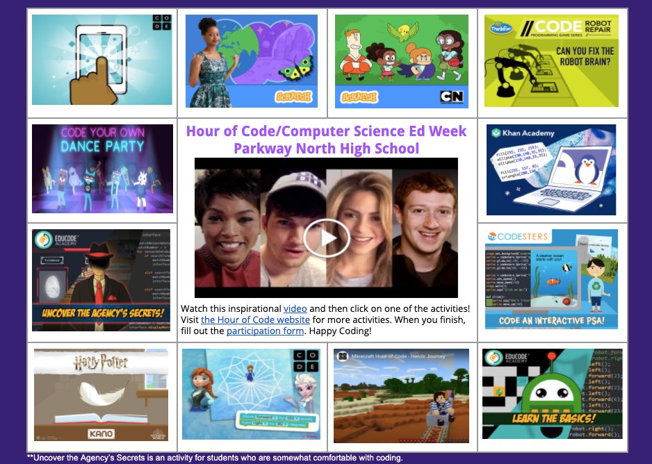 Vikings, check out the Hour of Code Choice Board to celebrate Computer Science Education Week! <a href="/parkwayschools/">Parkway Schools</a> <a href="/futureready/">Future Ready</a> #HourOfCode <a href="/PNHBusiness/">PNH Business</a> bit.ly/2IhTDbt