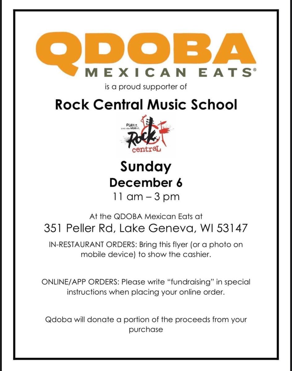 RockCentralLG's tweet photo. Order at @qdoba Lake Geneva from now until 3pm to support Rock Central! 🎸 🌯
#qdobadonates https://t.co/BCyCR2fnoX