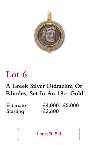 Lot 6, A Greek Silver Didrachm Of Rhodes, Set In An 18ct Gold Pendant With Diamonds, Starting Bid £3,600Previous attempted sale in 2020 for £5,500 (with additional provenance info: “Roman numismatics auction, London, 31 March 2012, lot 301”)