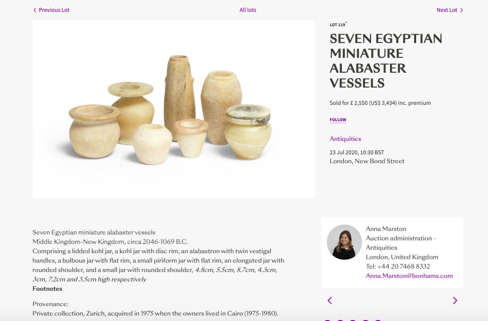 Lots 7, 10, and 19 in the charity auction were four of the lot of seven miniature Egyptian alabaster vessels sold at an unmentioned Bonhams auction in July 2020 for £2,550:  https://www.bonhams.com/auctions/25881/lot/119/.