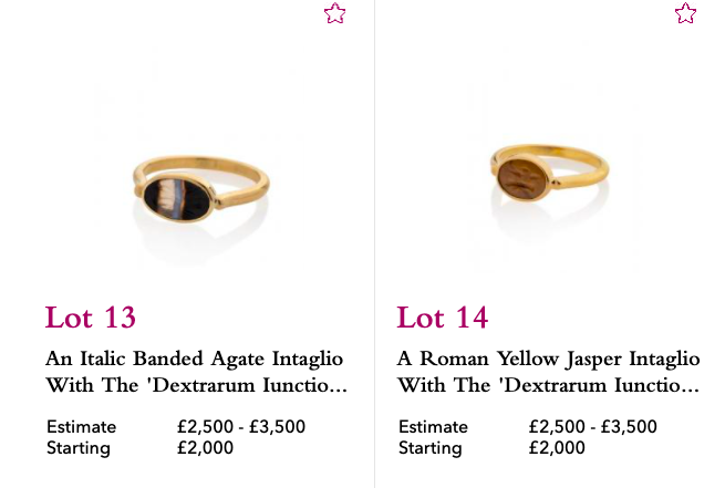 Lots 13 and 14, more rings, both with starting bids of £2,000Were £2,800 and £2,700 on Kallos Gallery blog in September 2020:  https://kallosgallery.com/blog/44/ 