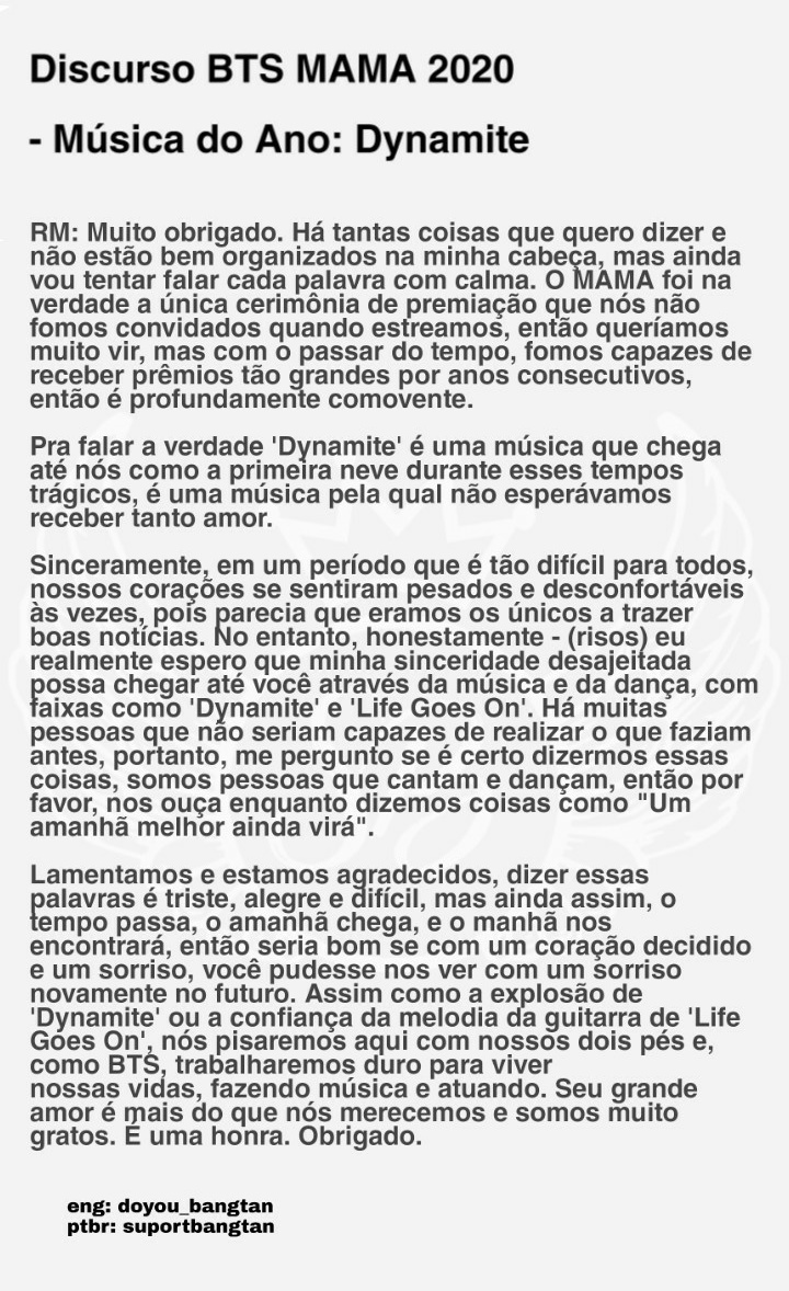 suportbangtan's tweet photo. [#TRAD] Discurso do #BTS ao ganhar o prêmio de 'Música do Ano' no MAMA 2020. 🏆

@BTS_twt #2020MAMA #BTSatMAMA https://t.co/5luTH3yx7S