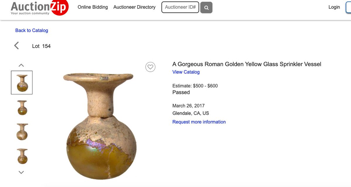 Lot 20, Roman Golden Yellow Glass Sprinkler Vessel, Starting Bid £440Unmentioned: previous sale at auction in 2017, with estimate of $500 - $600:  https://www.auctionzip.com/auction-lot/A-gorgeous-Roman-golden-yellow-glass-sprinkler-ve_D0A49BB83E