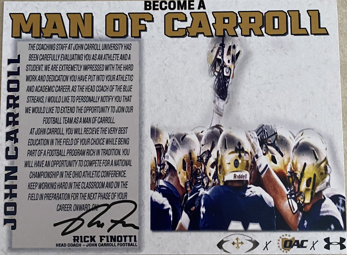 After a great visit with <a href="/JCUFootball/">John Carroll Football</a>, I am blessed to have received an offer from John Carroll University! Thank you <a href="/RickFinotti/">Rick Finotti</a> @CoachLongJCU for this opportunity!