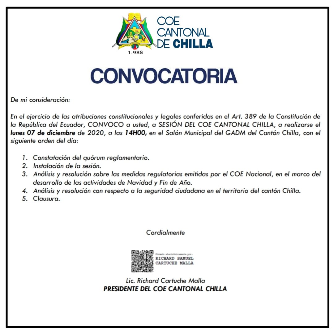¡Atención! ⚠️

CONVOCATORIA DE COE CANTONAL