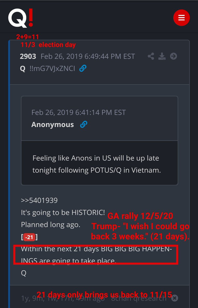 "I want to go back 3 weeks"....  @realDonaldTrump 12/5/20That only brings us back to 11/15.21 days [-21].It's going to be HISTORIC! Planned long ago.The next 21 days BIG BIG BIG happenings.12/5 + 21 = 12/26.