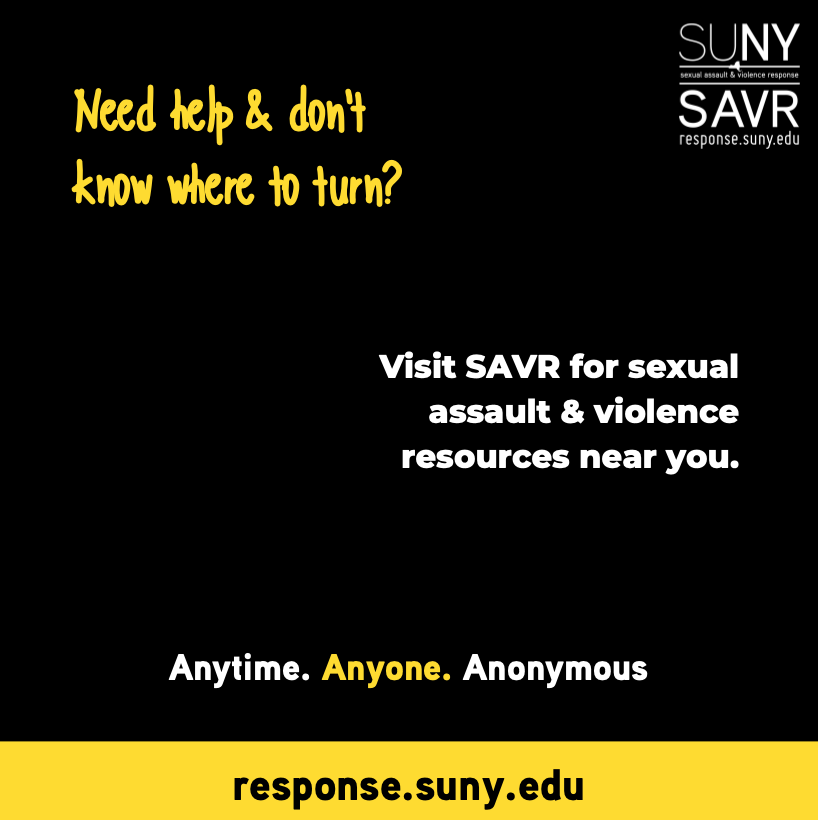 SUNYsGotYourBck's tweet photo. If violence impacts you or someone you know, SUNY SAVR is there for you when you need to be there for a friend. All at https://t.co/Dh7PsR1wnZ https://t.co/QiRzEYUPaY