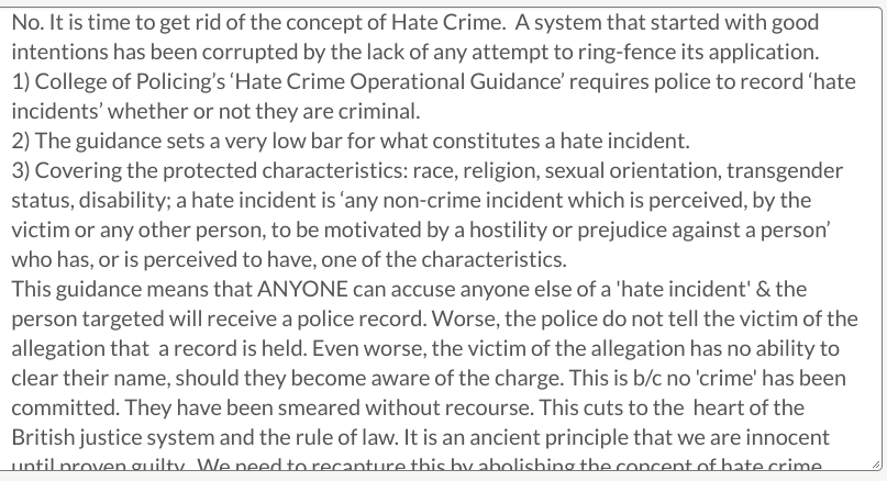 Law Commission Hate Crime Consultation question 2:"We provisionally propose that the law should continue to specify protected characteristics for the purposes of hate crime laws. Do consultees agree?"Here is my answer - please tell them yours: https://consult.justice.gov.uk/law-commission/hate-crime/