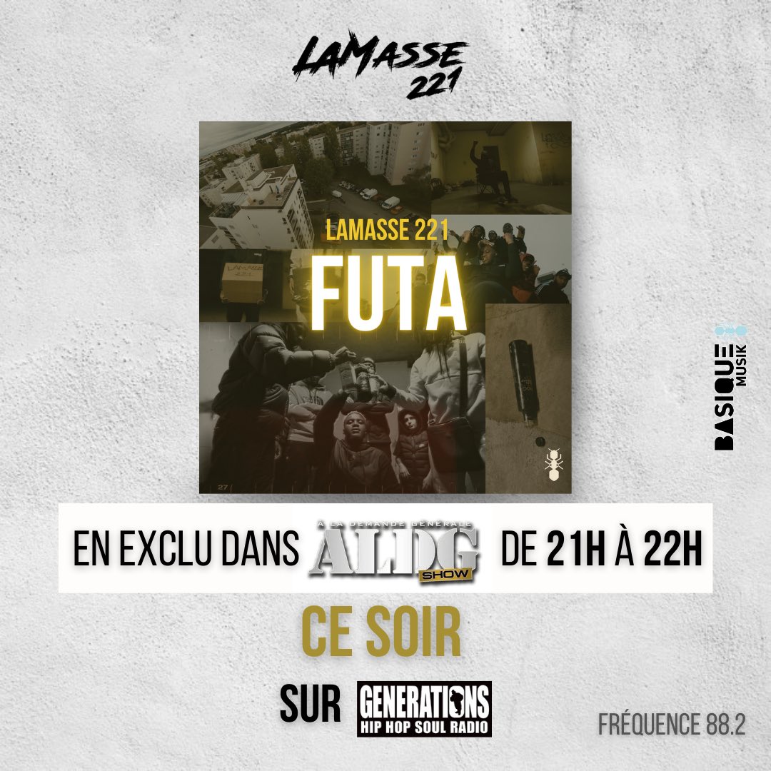 221Lamasse's tweet photo. L’équipe on se branche sur #Générations (88.2) ce soir à 21h pour écouter en exclu mon nouveau son « Futa » dans #ALDG avec @djmystlalgende ✊🏿🇸🇳 https://t.co/3Pgg8SzhO4