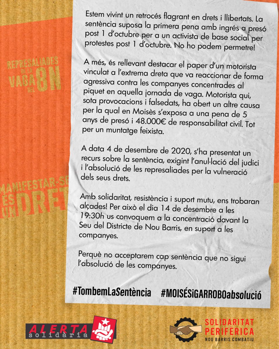 Divendres 4 de desembre vam presentar el recurs demanant l'anul·lació del judici.

Ens neguem a acceptar una sentència que vulnera tots els drets fonamentals de vaga i manifestació.

Per Nadal, us volem als carrers!

#TombemLaSentència
#MOISESiGARROBOabsolució