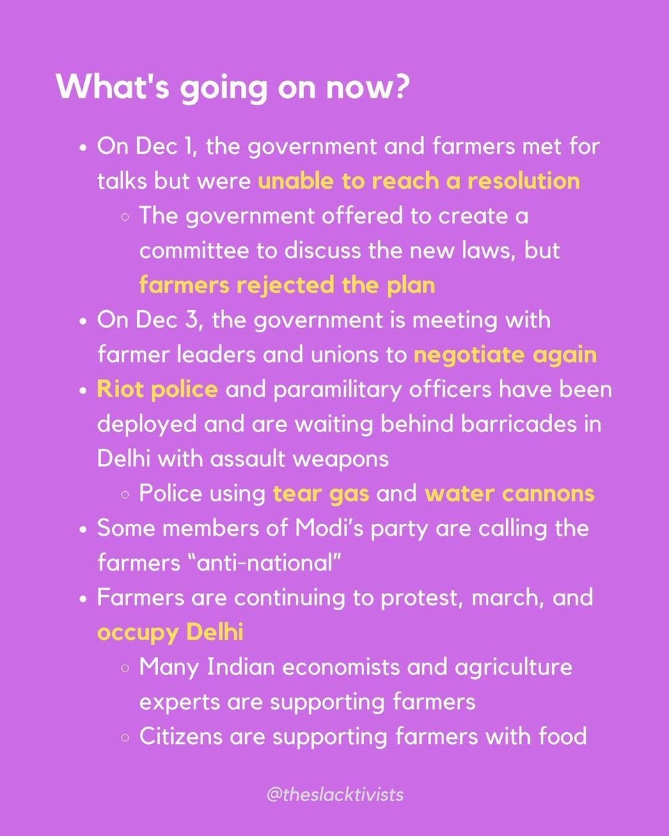 Millions of Indian farmers are marching towards Delhi demanding that the Indian government abolish 3 new farming and deregulation laws that could jeopardize the livelihoods of farmers across India. Here’s what you need to know. #FarmersProtest  #DelhiChalo2/3