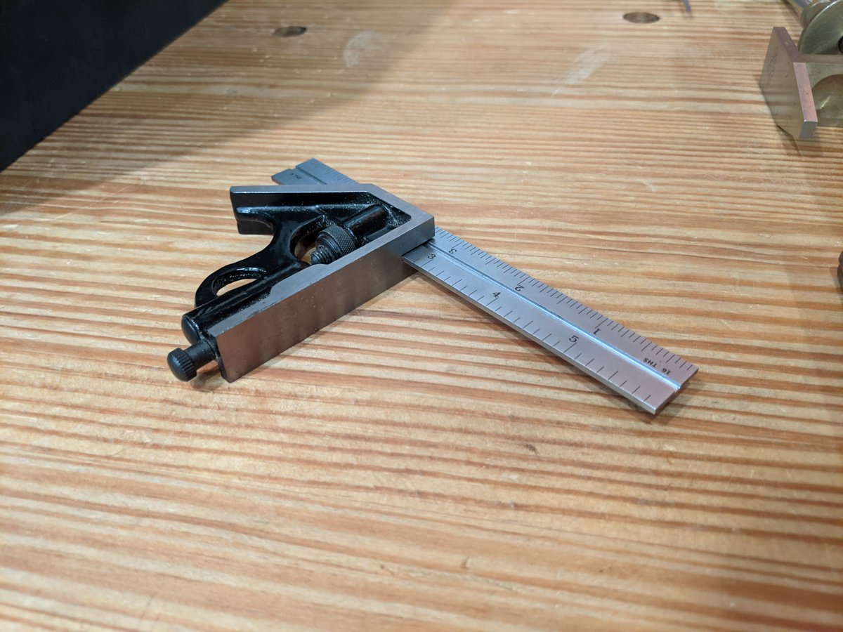 6" combination square. This is a compromise I wish I had not made. I could have made a 12" square fit, if I was always willing to reset the blade to halfway before returning it to the chest. Instead I went with the 6" as it could be returned regardless of setting.