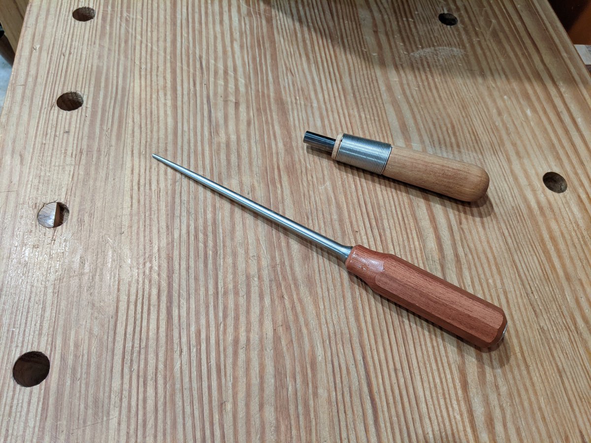 Veritas drawbore pin for reaming drawbored tenon joints, and a carbide burnisher for turning hooks on scrapers. The burnisher is a 3/8" ball-end carbide end-mill embedded in a Nicholson file handle.