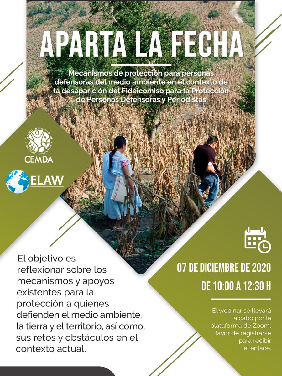 CEMDA's tweet photo. Mañana se realiza el webinar "Mecanismos de protección para personas defensoras del medio ambiente en el contexto de la desaparición del Fideicomiso para la Protección de Personas Defensoras y Periodistas". Se requiere registro previo, regístrate aquí: https://t.co/BdmVxdI0cz https://t.co/4n2UhlylY1