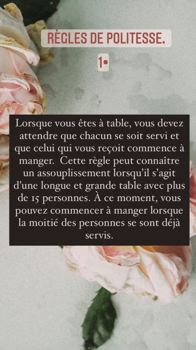 Bon, je vous fais juste un récapitulatif du rendez-vous dominicale de savoir vivre sur ma story IG.J’ai entamé ce dimanche avec les règles de politesse. Tout se passe sur IG avec la playlist qui va avec :My handle : @the_greatalbi 1/3