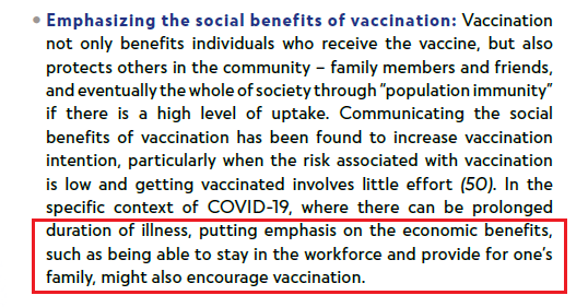 "putting emphasis on the economic benefits, such as being able to  #stay in the  #workforce and  #provide for one’s  #family, might also encourage vaccination." [p 8] #Coercion  #Duress