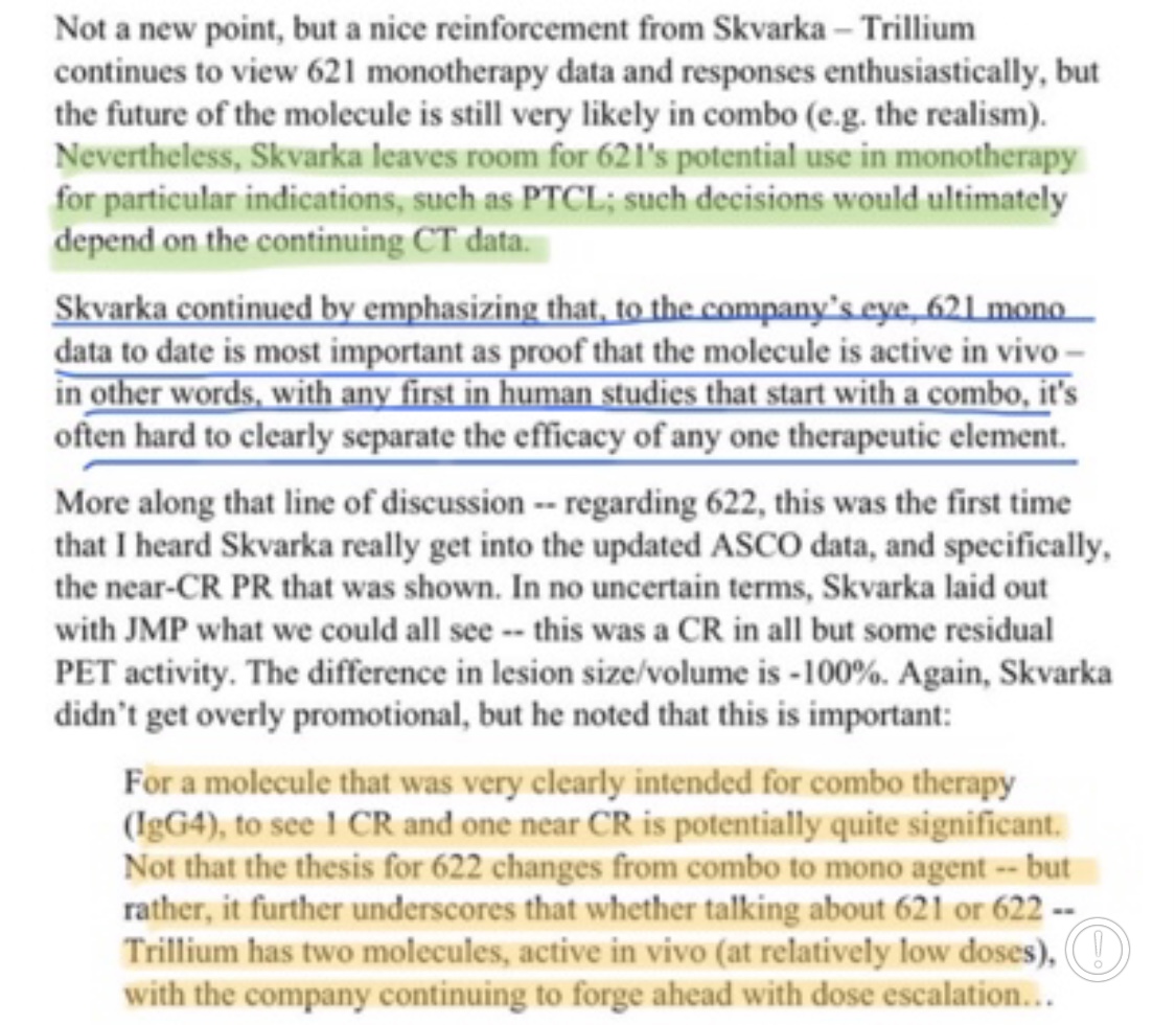  $TRIL  $ALXOBack at the JMP Fireside, Skvarka left room for 621's potential use in MONO for certain indications, such as PTCL and that such decisions would ultimately depend on the continuing 621 CT dataI thought that  $TRIL had an ASH Oral coming up...Path 2 1st 2 market?