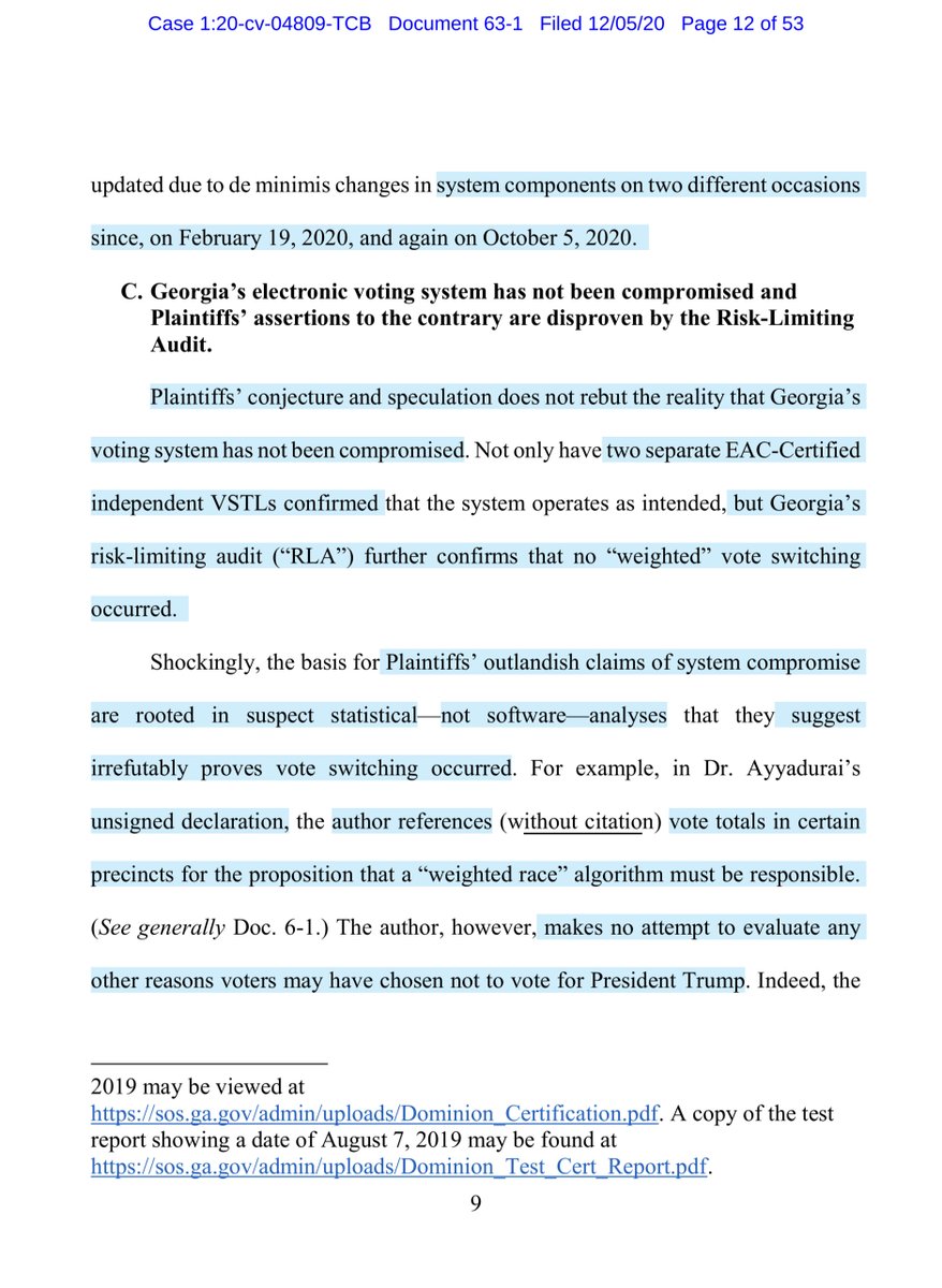 footnote 5 is BRUTAL“ erroneously claim that both the Certificate and a test report signed by Michael Walker were “undated” and have attached altered documents that have been cropped to remove the dates of the documents“Risk limiting AuditHand Recount https://ecf.gand.uscourts.gov/doc1/055113210532