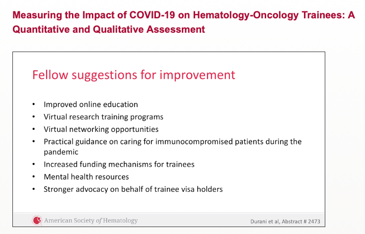 MazieTsangMD's tweet photo. #ASH20 #ASHKudos to @UDurani & team! 👏
**Impact of COVID19 on Trainees**
⬆️ Risk of burnout
20% respondents were visa holders -> 30% had prob w/renewal
7% had career🔺 b/c COVID19
47% ⬇️productive than usual d/t stress or anxiety of situation & no childcare
👇See 🔑slides https://t.co/LK8Yzo1yEz