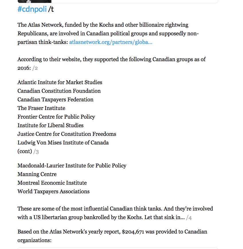 ...but the political activities of billionaires like the Koch brothers is well documented. Remember that they’re among the supporters of the Atlas Network, which we mentioned earlier.  https://en.m.wikipedia.org/wiki/Political_activities_of_the_Koch_brothers