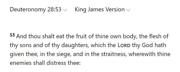 So what is the argument? Here goes! The Bible at several points (specifically Levit. 26:29, Deut. 28:53, and Ezek. 5:9-10) predicts that some calamity will befall the Israelites such that they will devour human flesh in their desperation and depravity. 6/14