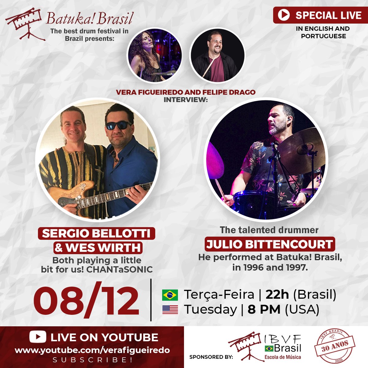 Na próxima terça, Vera Figueiredo entrevistará Sergio Bellotti, Wes Wirth, do CHANTaSONIC, e Julio Bittencourt. 

Inscreva-se no canal de Vera Figueiredo – youtube.com/verafigueiredo.

#sergiobellotti #weswirth #juliobittencourt  #verafigueiredo  #batukabrasil  #ibvf30anos
