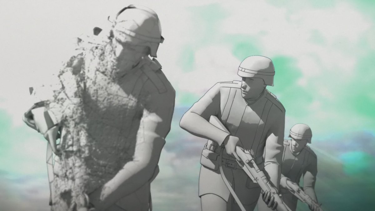 People crumbling may be literal, but may also serve as metaphor - what we destroy, in turn destroys us too