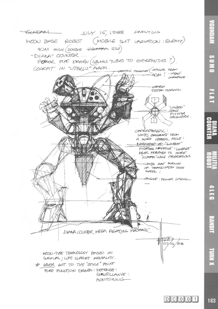 Design notes and concept creation of the WaDom ("Walking Dome") by Syd Mead. A 40m-tall "Diana Counter Mega Fighting Machine".
