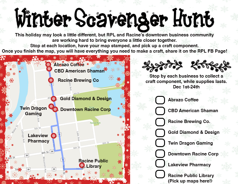 LetsMoveLibrary's tweet image. In Wisconsin @RacineLibrary and @RacineDowntown partnering for Main Street scavenger hunt. Once you finish, you'll have everything you need to complete a craft. racinelibrary.info/2020/11/30/win… @WisconsinDPI @NatlMainStreet @americawalks