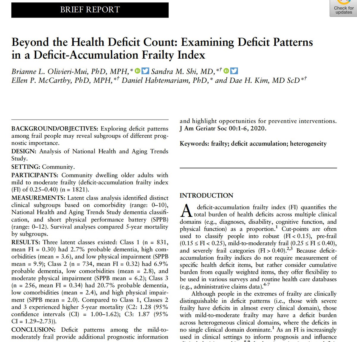 3/4 Measures of  #frailty stratify this heterogeneous population to identify those whose age-related changes put them at risk of poor outcomes. But even within strata of frailty, there are different patterns of complexity: article by  @BriOlivieriMui,  @shisadoctor,  @DaeKimMD