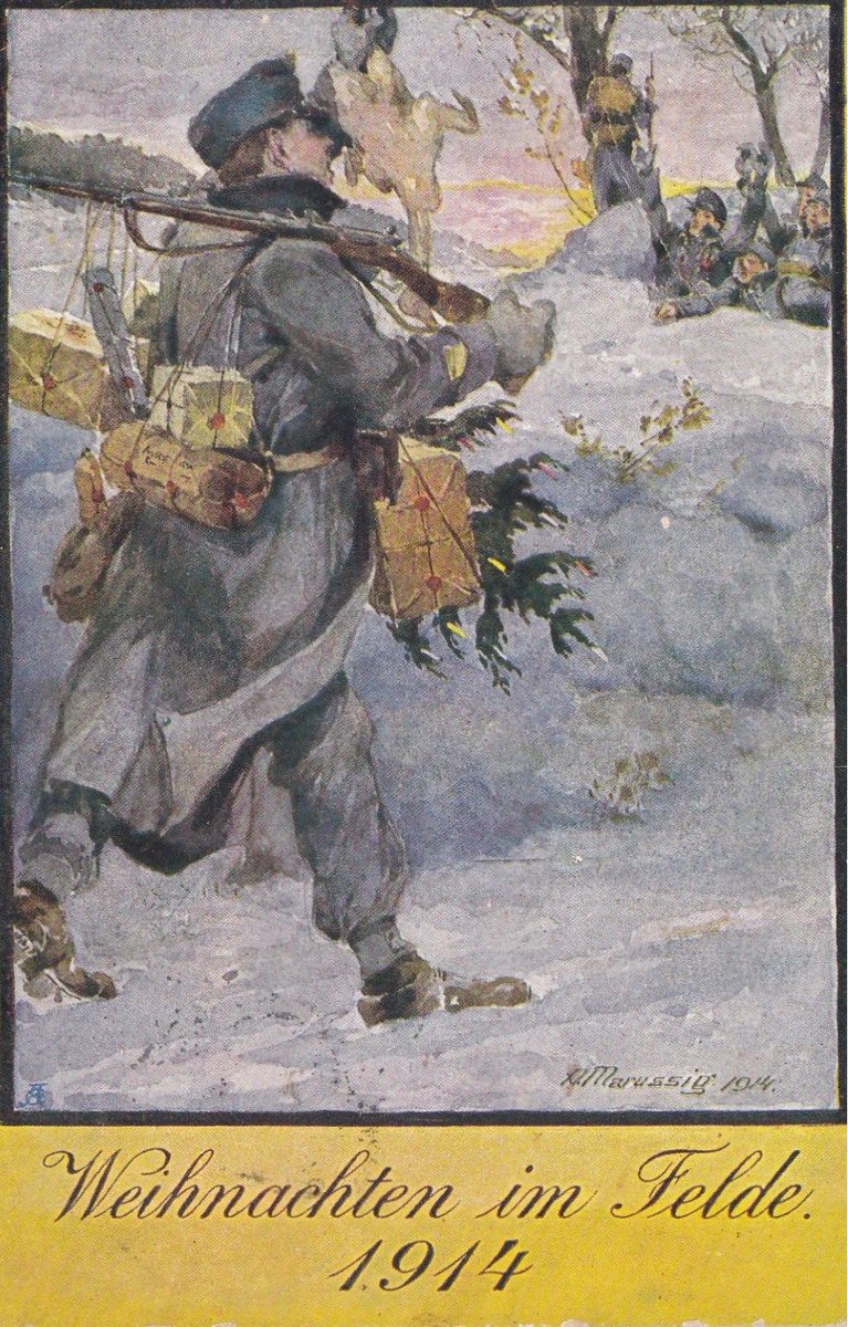 06 December: Returning from leave with Christmas packages! Austro-Hungarian postcard, 1914.