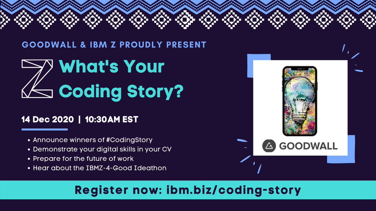 mentorafrika's tweet image. Students! To celebrate #CSEdWeek, @IBMZ is collaborating w/ @Goodwall in a #CodingStory campaign. What inspired you to learn to code? Share yours before Dec 13. Win $1K from Goodwall. Download the app &amp;amp; celebrate the winners on Dec 14: ibm.biz/coding-story